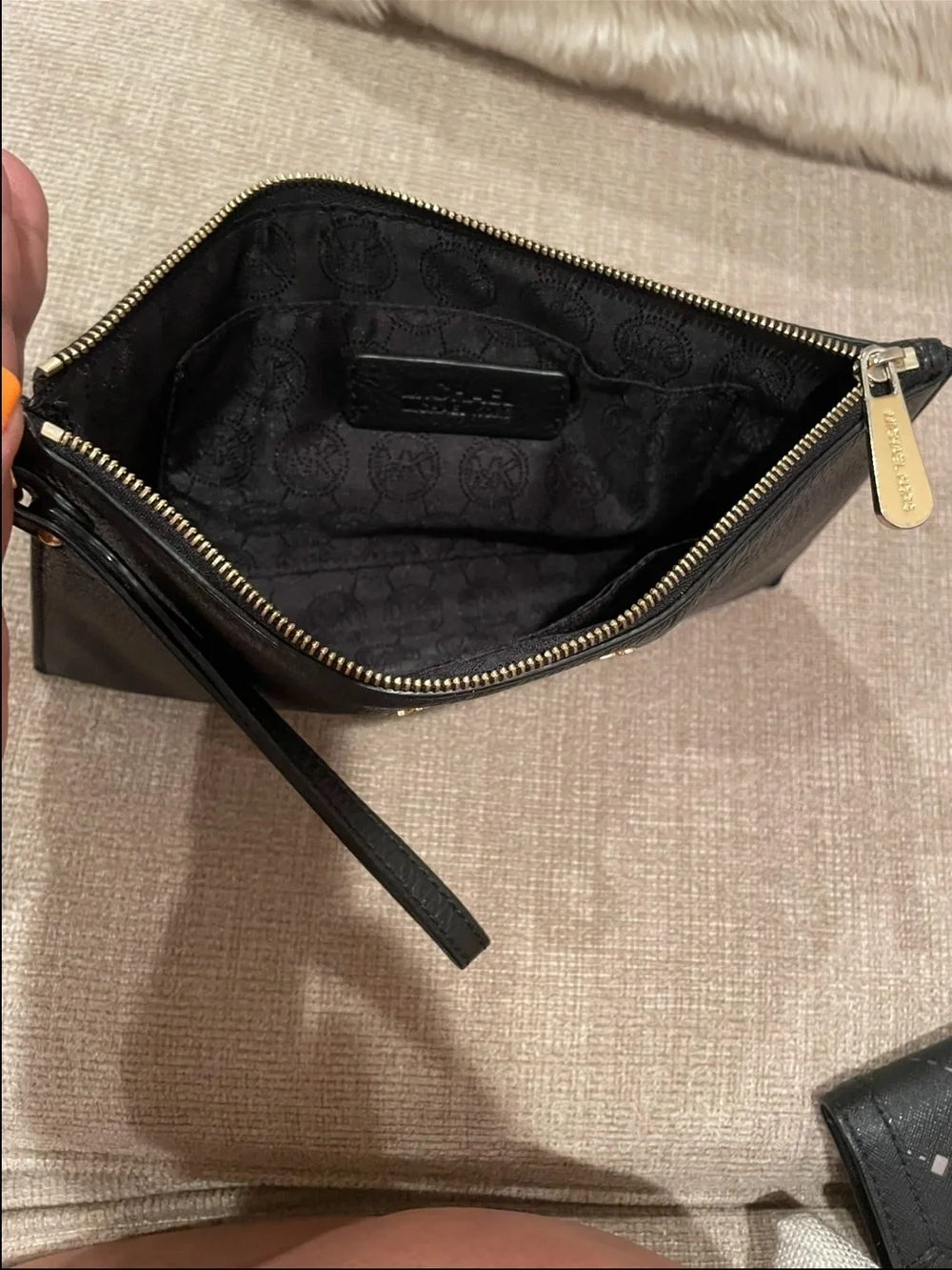 Michael Kors Black Leather Wristlet with Gold Logo